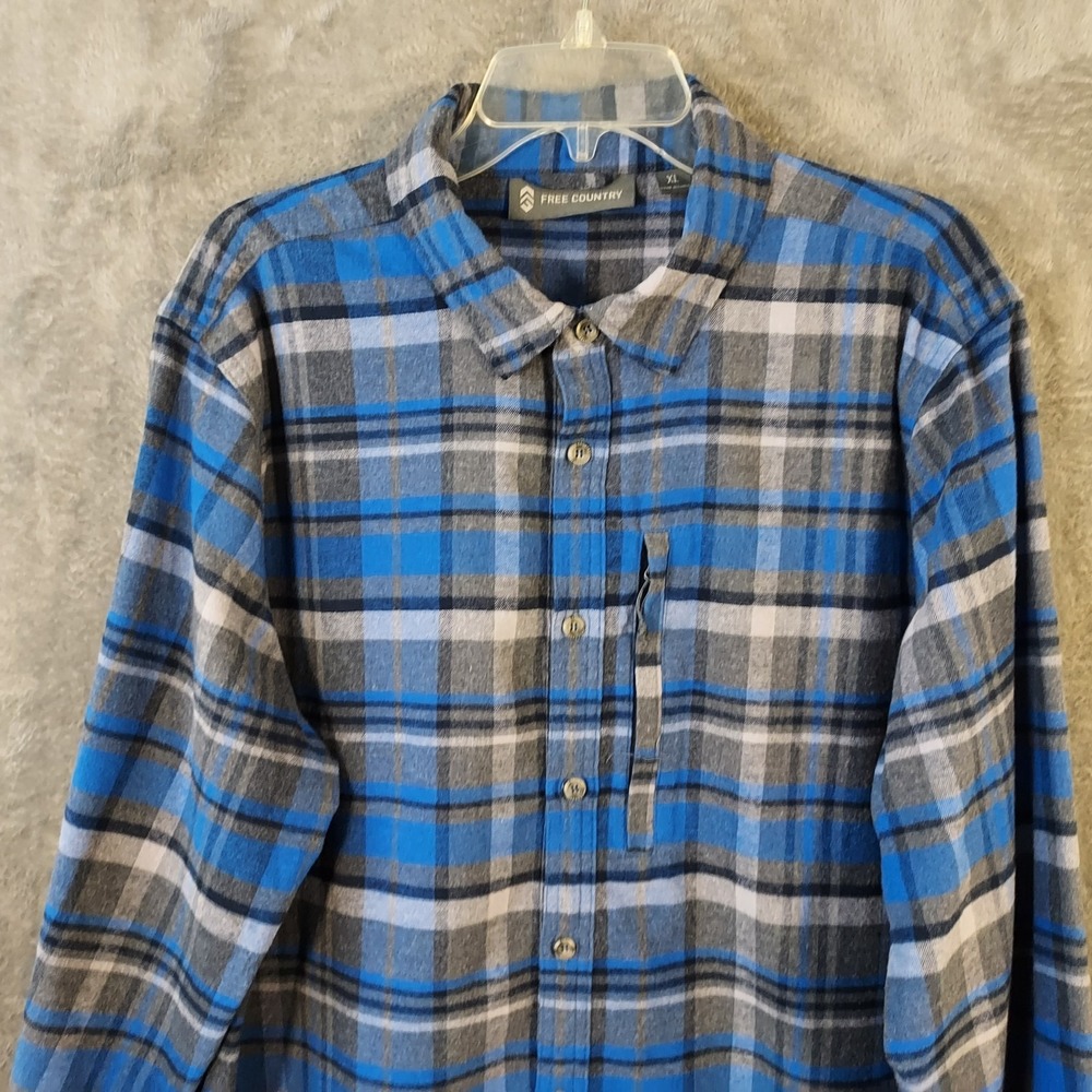 Free Country Men's‎ XL Plaid Blue Gray Flannel Shirt Chest Zipper Pocket